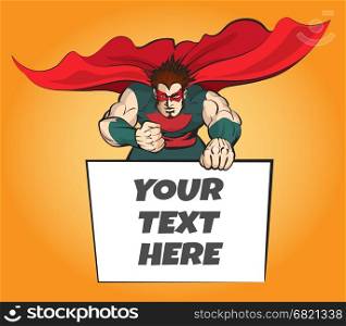 Superhero in brave pose holding a message board for your text. Vector illustration in comic book style.