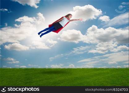 Superhero kid flying in dream concept