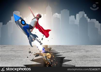 Superhero kid flying on rocket