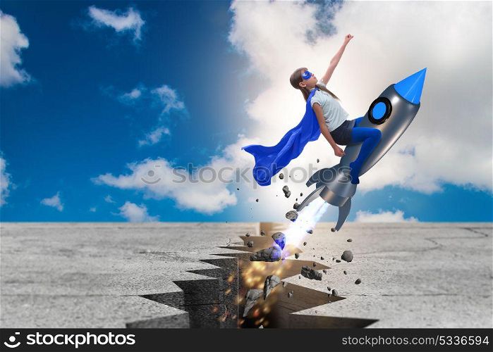 Superhero kid flying on rocket. The superhero kid flying on rocket
