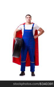 Superhero man with tyre isolated white background