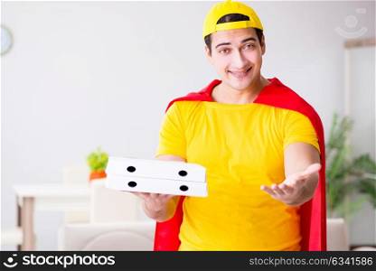 Superhero pizza delivery guy with red cover