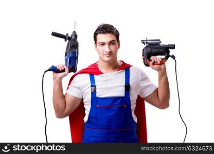 Superhero repairman isolated on white background