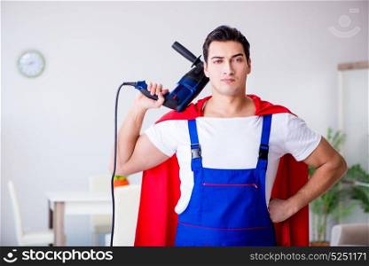 Superhero repairman with tools in repair concept