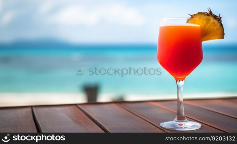 Superman cocktail on background with blue sea and sky tropical background. Generative AI.. Superman cocktail on background with blue sea and sky tropical background. Generative AI