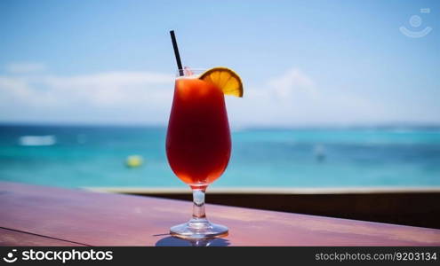 Superman cocktail on background with blue sea and sky tropical background. Generative AI.. Superman cocktail on background with blue sea and sky tropical background. Generative AI