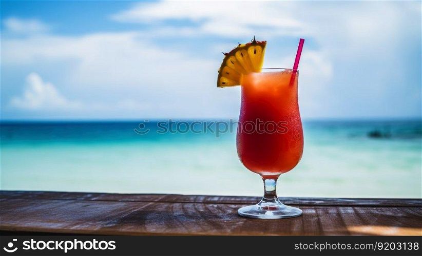 Superman cocktail on background with blue sea and sky tropical background. Generative AI.. Superman cocktail on background with blue sea and sky tropical background. Generative AI