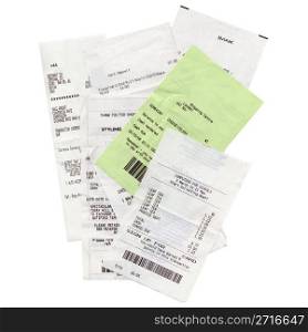 Supermarket receipts isolated over white - names and logos removed. Receipts
