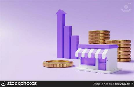 Supermarket store and stacking golden coins with rising profit bar graph on purple background with copy space. Financial business startup owner and economic concept. 3D illustration rendering