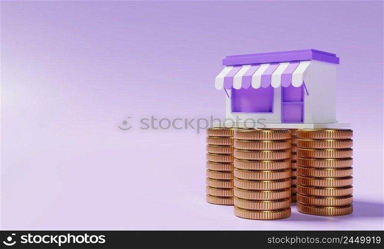 Supermarket store on stacking golden coins on purple background. Financial and economic concept. 3D illustration rendering