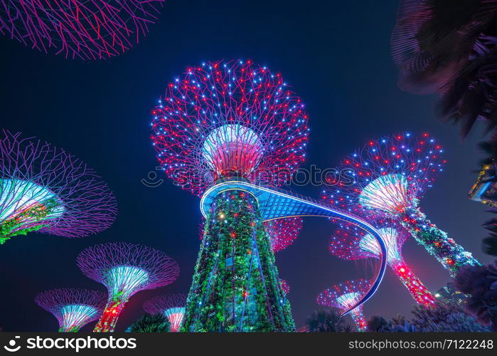 Supertree Grove. Garden by the bay or outdoor artificial trees in Marina Bay area in urban city of Singapore Downtown at night. Landscape background