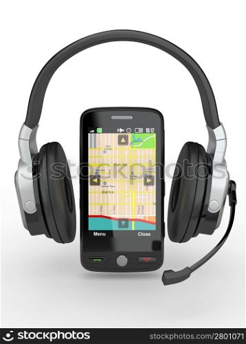 Supervisor. Mobile phone with headphones on white background. 3d