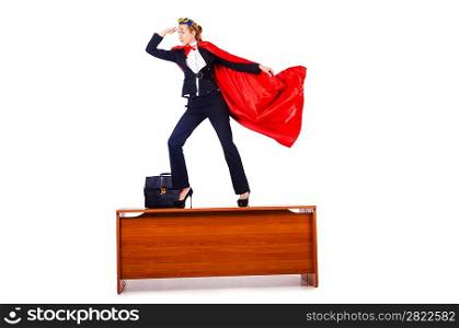 Superwoman standing on the desk