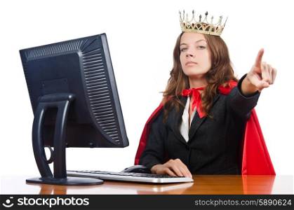 Superwoman worker with crown working in office