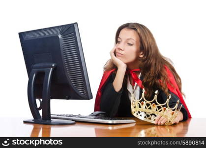 Superwoman worker with crown working in office