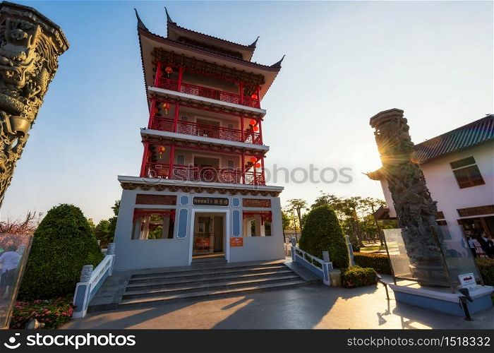 Suphanburi, Thailand, October 23, 2019: Chinese viewpoint building to see aerial view of Suphanburi at City Pillar Shrine during sunset of Suphanburi Province.