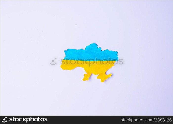 Support for Ukraine in the war with Russia,  the shape of Ukraine border with color flag. Pray, No war, stop war and stand with Ukraine