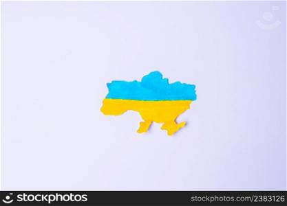 Support for Ukraine in the war with Russia,  the shape of Ukraine border with color flag. Pray, No war, stop war and stand with Ukraine