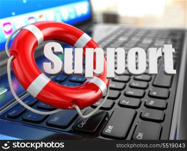 Support. Laptop and lifebuoy on laptop&rsquo;s keyboard. 3d