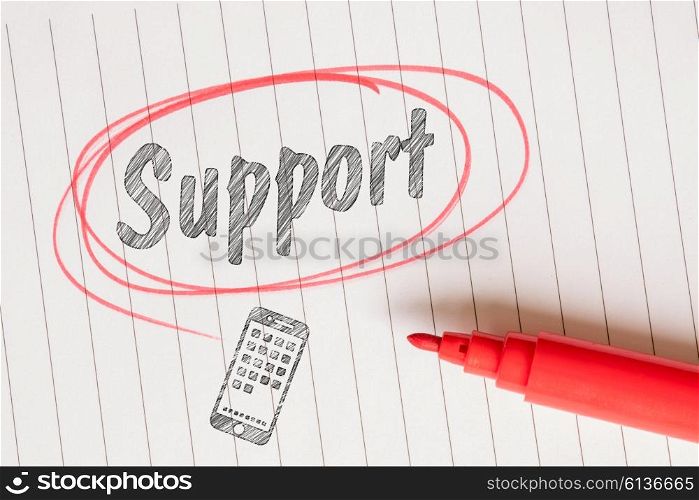 Support note in a red drawn circle on white paper