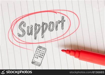 Support note in a red drawn circle on white paper