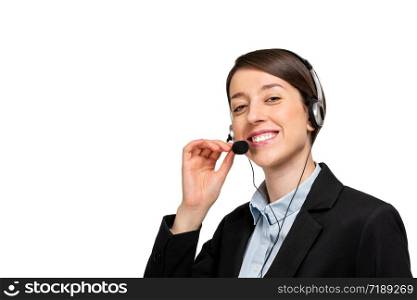 Support phone call center operator with headset