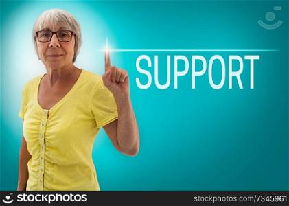 Support touch screen is shown by Senior Woman concept.. Support touch screen is shown by Senior Woman concept
