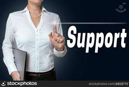 support touchscreen is operated by businesswoman. support touchscreen is operated by businesswoman.