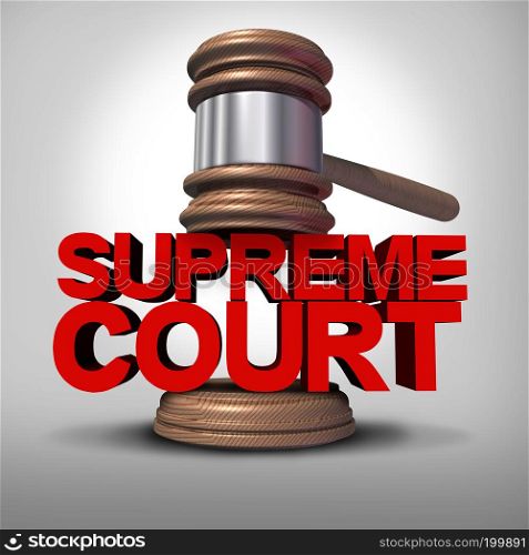 Supreme court symbol as a government law symbol as a justice judge gavel on text as a 3D illustration.