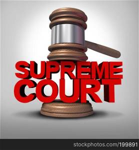 Supreme court symbol as a government law symbol as a justice judge gavel on text as a 3D illustration.