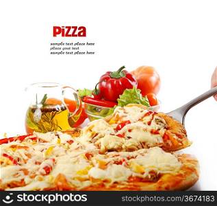 Supreme Pizza lifted slice with tuna and paprika isolated over white background.