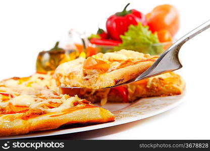 Supreme Pizza lifted slice with tuna and paprika isolated over white background.