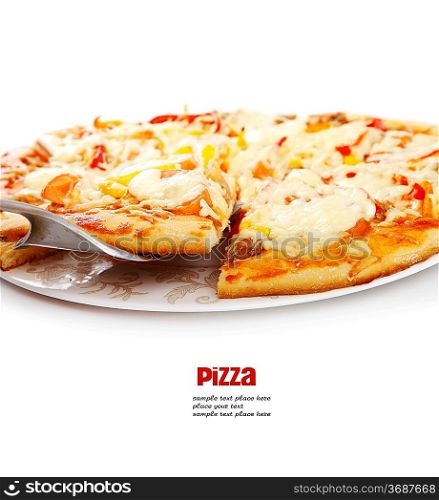 Supreme Pizza lifted slice with tuna and paprika isolated over white background.