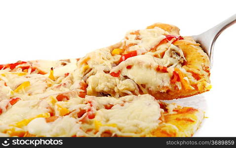 Supreme Pizza lifted slice with tuna and paprika isolated over white background.