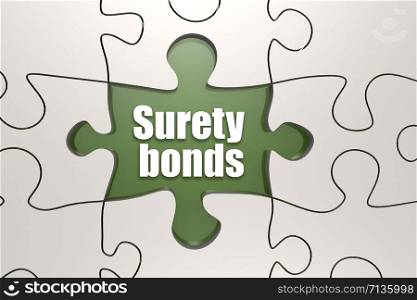 Surety bonds word on jigsaw puzzle, 3D rendering