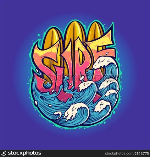 Surf Board Wave Typography Summer Vector illustrations for your work Logo, mascot merchandise t-shirt, stickers and Label designs, poster, greeting cards advertising business company or brands.