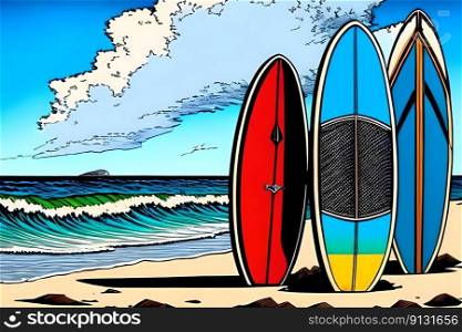 Surf boards in the sand at the beach. Generative AI