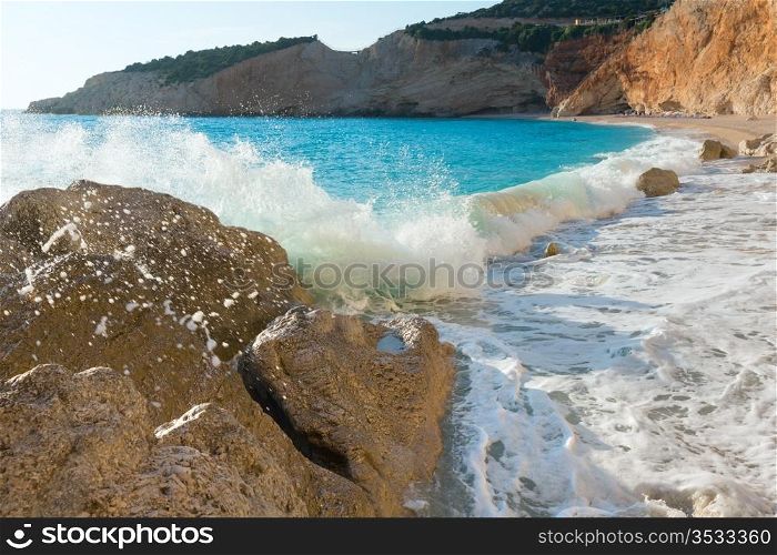 Surf wave on beautiful summer white Porto Katsiki beach on Ionian Sea (Lefkada, Greece)