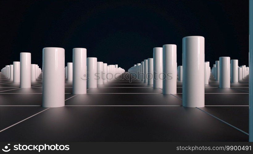 Surface with numerous repeating cylinders. Isometric background with dynamic effect. Computer generated 3d rendering backdrop. Plane with numerous repeating cylinders. Isometric background with dynamic effect. Computer generated 3d rendering backdrop