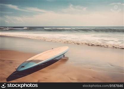 Surfboard on long sandy deserted ocean beach. Retro style natural background with copy space. AI Generated content