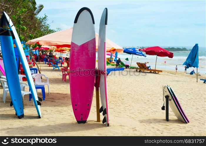 Surfboards and funboards on the beach of Kuta, Bali island, Indonesia
