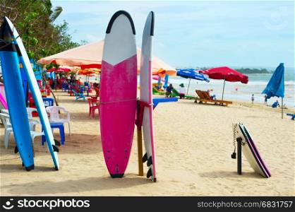 Surfboards and funboards on the beach of Kuta, Bali island, Indonesia