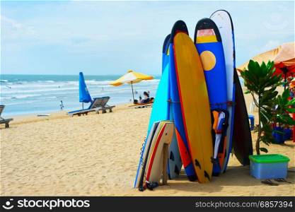Surfboards and funboards on the Kuta beach, Bali island, Indonesia