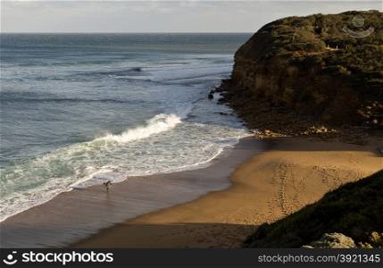 Surfer at the end of another afternoon in water at Bells Beach, Great Ocean Road, Australia