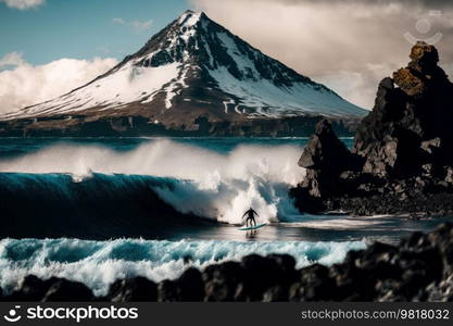 Surfer on mountain background. Illustration Generative AI