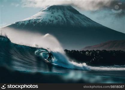 Surfer on mountain background. Illustration Generative AI