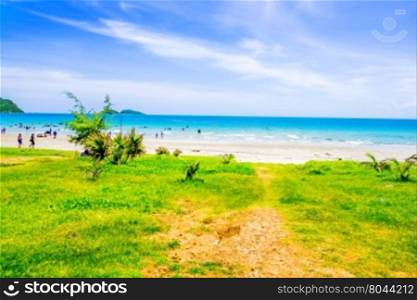 Surfer on Pretty beach and ocean with blue sky