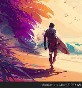 Surfer on the beach. Illustration Generative AI. Surfer on the beach. Illustration AI Generative