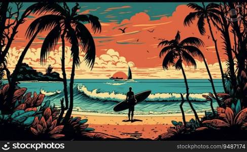 Surfer with surfboard on tropical beach landscape, vacation paradise with palm trees, sand and sea waves, ai generated illustration. Summer holiday, surfer on exotic beach, summertime extreme sport. Surfer with surfboard on tropical beach landscape