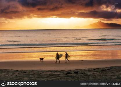 surfers on ocean beach in New Zealand